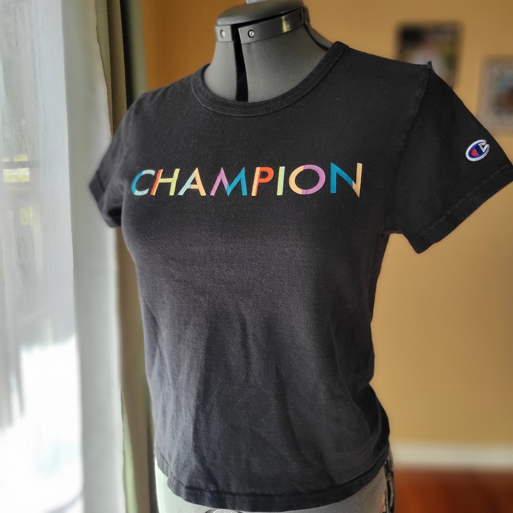 Champion Black Multicolor Logo T-Shirt Women's Size Medium - Picture 2 of 8